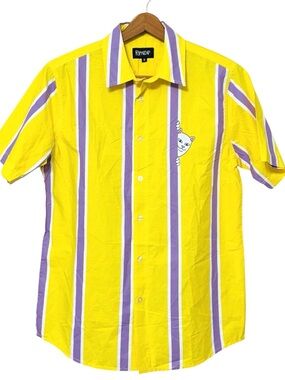 RIPNDIP Lord Nermal Button Up Shirt Mens Small Yellow Purple Stripes